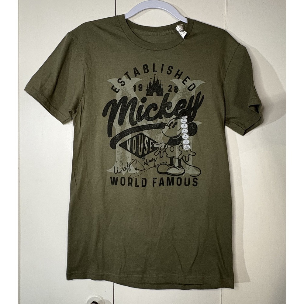 Disney Olive Green Established Mickey Mouse 1928 T Shirt Size S New
